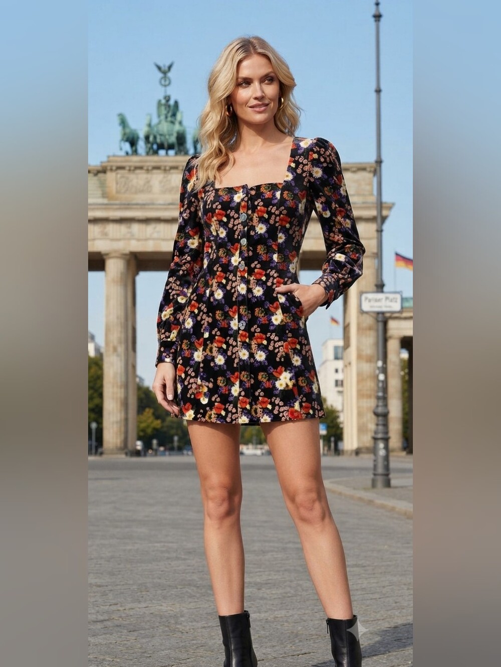 STAUD Black Floral Mini Dress with Multicolor Print S